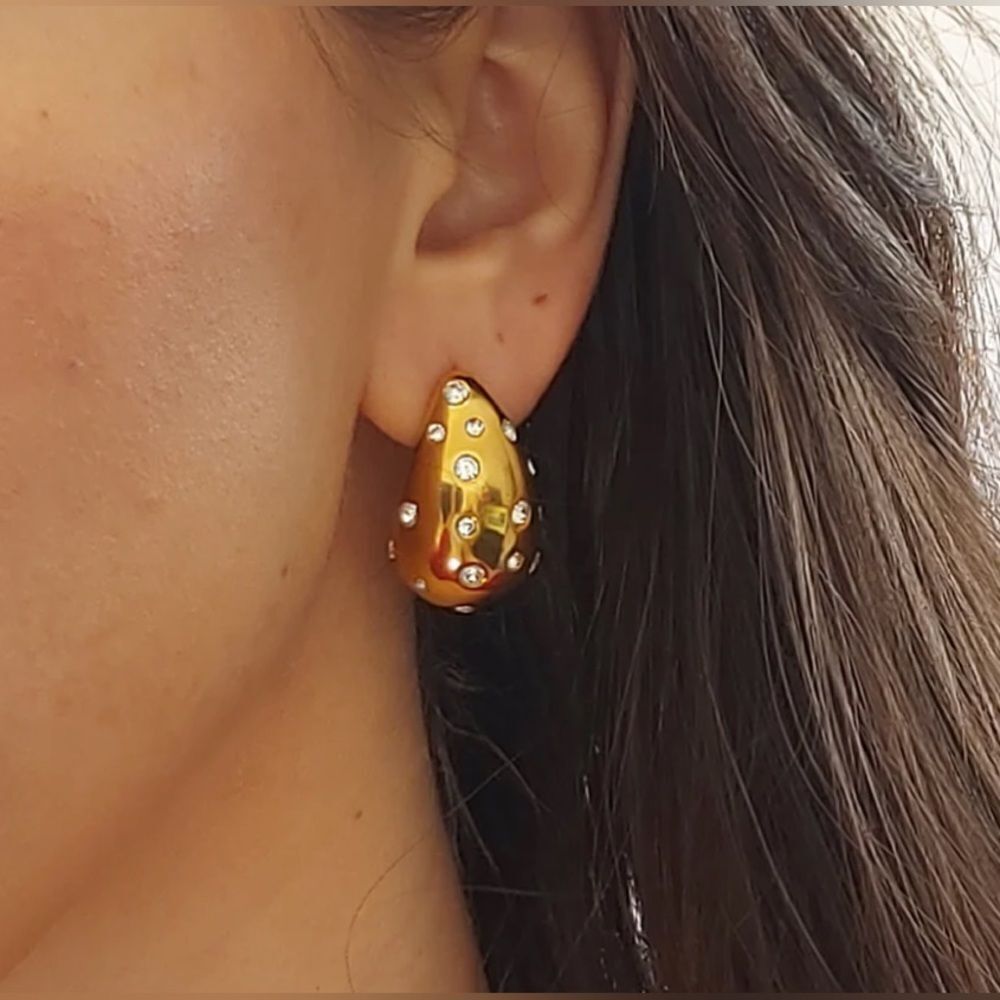 Golden Teardrop Stud Earrings with Crystals. Bloggers favourite - Picture 7 of 9